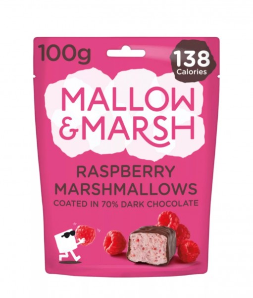 MALLOW & MARSH Raspberry Marshmallows coated Dark Chocolate 100 Gramm UK